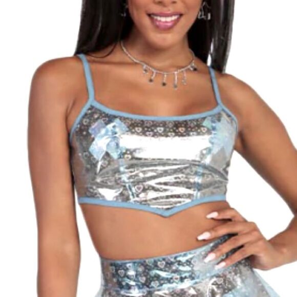 Dolls Kill Tops - Dolls Kill Holographic Love Hearts Rave Vinyl Cropped Corset Top